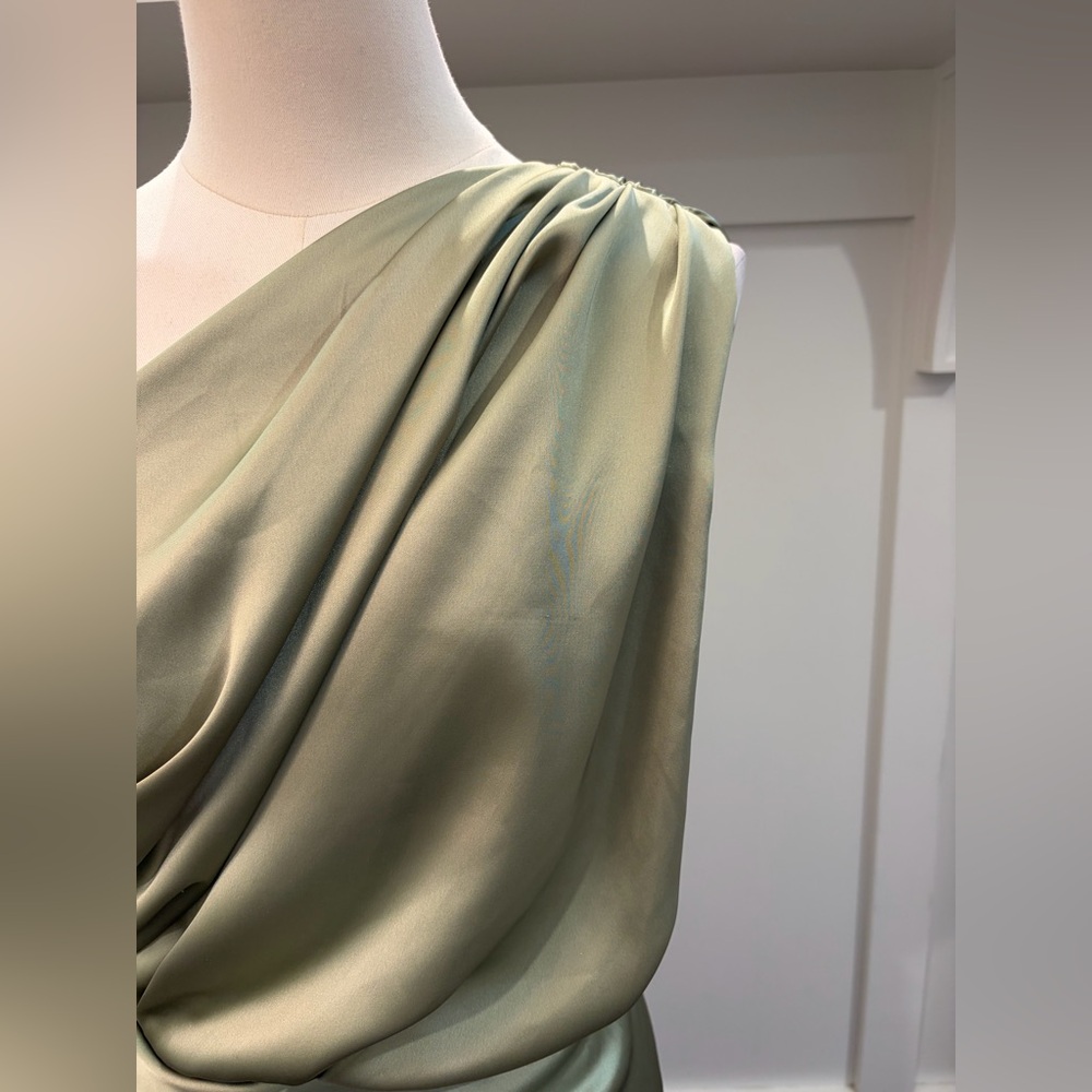 Petal & Pup Nadia Satin One-Shoulder Gold Dress Size 12 Large Sage NWT - Picture 4 of 8